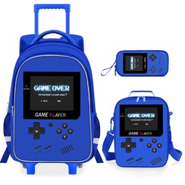 ZHIMEBYE Kids Rolling Backpack for Boys - 3PCS Gamer Boys Rolling Backpack with Lunch Bag Set, Elementary Middle School Roller Bookbag with Adjustable Handle for Travel & School