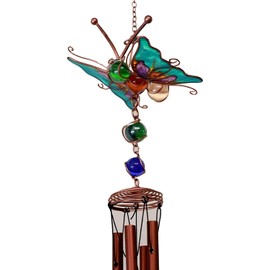 Ebros Gift Stained Glass Flitting Butterfly Copper Metal Wind Chime 28" Long Resonant Outdoor Patio Garden Decor Accessory