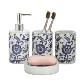 Chinese Blue and White Porcelain Bathroom Set – 4-Piece Ceramic Bath Accessory Set with Lotion Dispenser, Toothbrush Holder, Tumbler, and Soap Dish