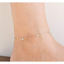 Dainty Opal Anklet Beach Minimalist Gold Filled 14K Bead Bracelet Syntethic Opal jewelry Length 9"+extension
