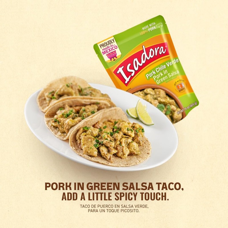 Isadora Fully Cooked Pork Chile Verde 15 oz, Ready-to-eat, no