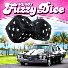 Black Fuzzy Dice Car Accessories - Plush Cute Car Accessories for Interior - Plush Rear View Mirror Hanging Ornament Decorations - Retro Y2K McBling 2000s Aesthetic Girly Decor - Black and White