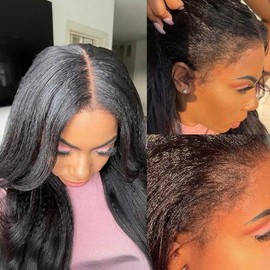 4C Edges Kinky Straight Human Hair Wigs HD 13x6 Deep Part Lace Front Wig Brazilian Remy Human Hair 200% Density Pre Plucked With Curly Baby Hair Afro Yaki Straight Human Hair Wig For Women 22Inch