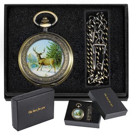 Tiong Vintage Unique Hollow Mechanical Steampunk Pocket Watch with Chain Skeleton Roman Numerals Pocket Watches for Men Gifts & Box, 04-Bronze White, Classic