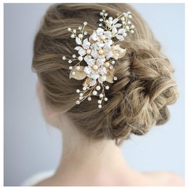 HONEY BEAR Women's Bridal Jewellery Flower Hair Combs Hair Clips for Wedding, Crystal Rhinestone with Simulated Pearls Hair Accessories, White, Reusable (Gold Leaf Flower)