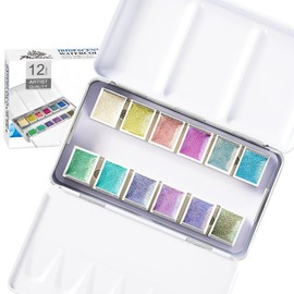 PHOENIX Iridescent Watercolor Paints - 12 Half Pan Glitter Watercolor Paint Set, Artist Grade Pearlescent Portable Palette, Small Sketch Pocket Water Color Painting Kit for Adults, Beginners