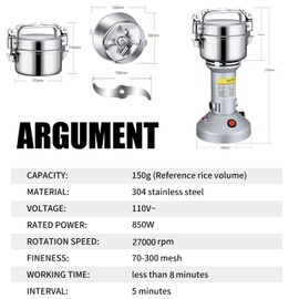 Grain Grinder Mill 250g Electric Stainless Steel Grain Grinder 1480W High-speed Spice Herb Grinder for Corn,Flour,Wheat,Pepper and Coffee Bean