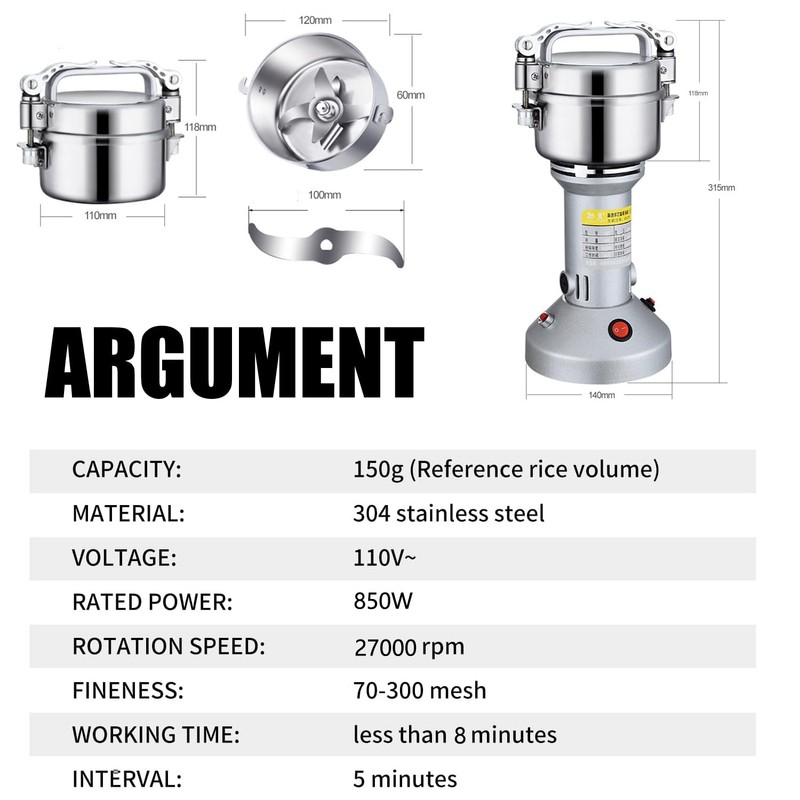 Grain Grinder Mill 250g Electric Stainless Steel Grain Grinder 1480W