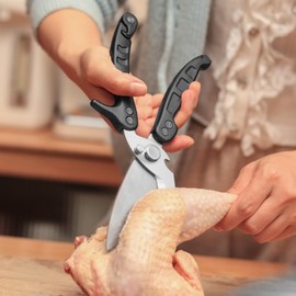 SCAIKTIG Heavy Duty Kitchen Shears, Detachable Poultry Shears with Serrated Edge, Spring-Loaded Stainless Steel Chef Scissors Cutting Bone, Chicken, Fish, Food, Meat, Black Full Steel Handle