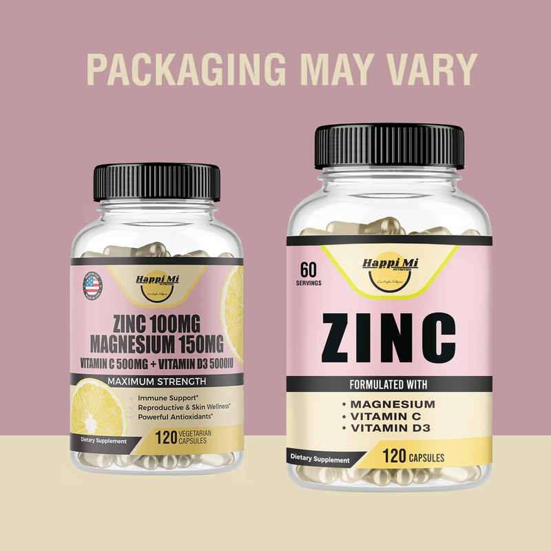 Happi Mi Nutrition Zinc, Zinc 100mg, Magnesium Glycinate 150mg, Vitamin