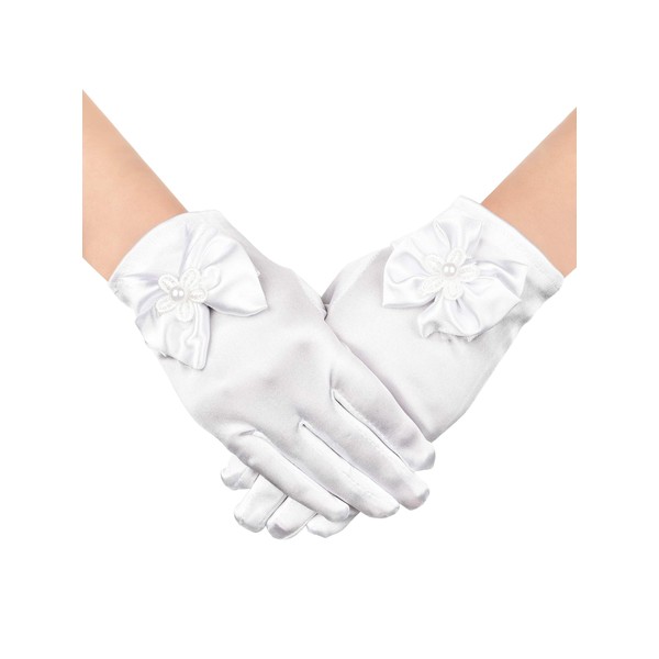 Chuangdi First Communion Gloves for Girls Flower Lace Girl Gloves White Short Princess Gloves Bow Tie Gloves Women Faux Pearl Gloves for Wedding Party First Communion