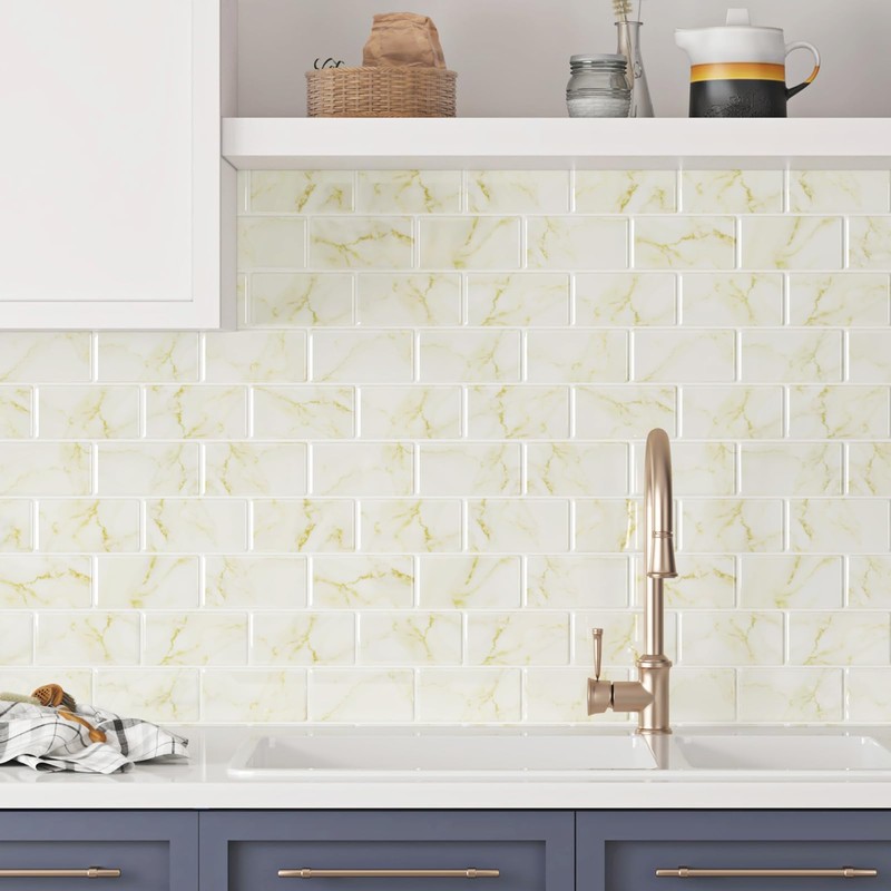 Wallercity Glossy Marble Beige/Yellow Peel and Stick Backsplash for Kitchen