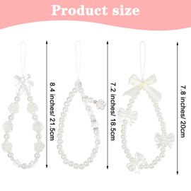3PCS Phone Charm Strap Cute Butterfly Bow & Pearl Beaded Phone Charms Strap, Aesthetic Y2k Style Kawaii Phone Wrist Strap Lanyard for Women & Girls, White Pearl Chain Keychain