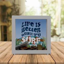 Wooden Frame Money Box with Beautiful Surfboard Motif and Saying - Life is Better When You Surf Summer Frame Money Box Made of Wood as a Gift for Surfers Who Are On A New