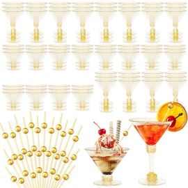 JarThenaAMCS 80 Pack 5Oz Gold Glitter Plastic Martini Glasses with Gold Pearl Cocktail Pick Disposable Mini Goblet Clear Stemmed Wine Cup for Bar Party Margarita Appetizer Dessert Supplies