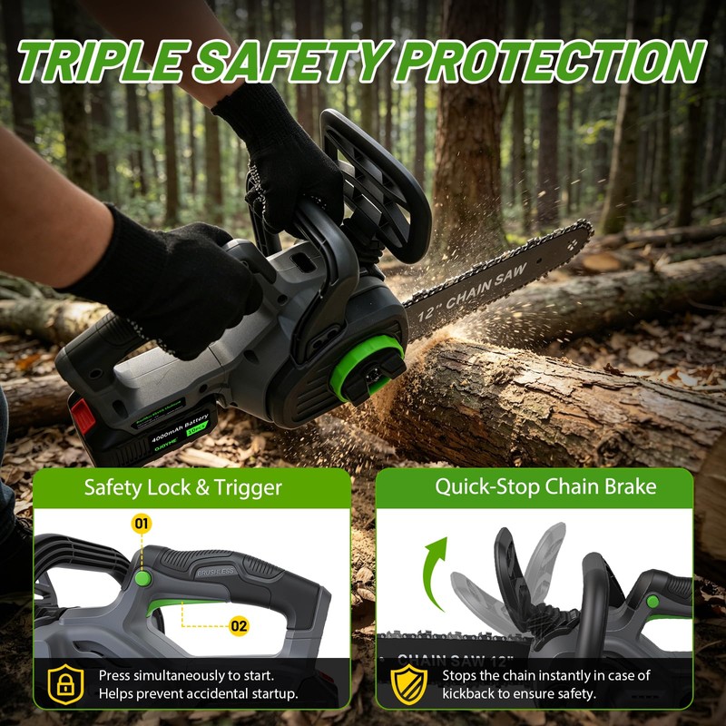 OJOYME 12" Cordless Electric Chainsaw with Brushless Motor, 2x4.0Ah Battery