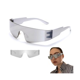 Futuristic Sunglasses, Alien Techno Glasses, Quick Mirrored, Frameless Space Sunglasses, Techno Rave Glasses, Alien Costume Accessory for Men and Women, Role Play, Cosplay, Fancy Dress Party, Silver