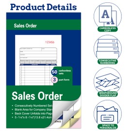 Sales Order Books,50 Sets,5-7/16 x 8-7/16 Inches,3-Part,Carbonless Copies of Receipt Books,White/Canary/Pink,2 Books
