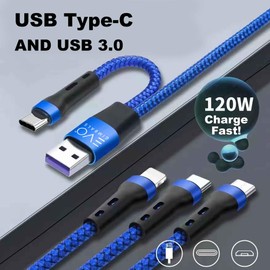 EVO Gimbals 48" Nylon Braided Multi Fast Charge Cable with USB and USB C Input and 3 in 1 Charging Options Type C/Lightning/Micro USB for Most Phones, Cameras, Tablets and Devices-(Blue)
