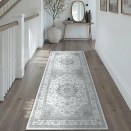 PureCozy Grey Gray Runner Rug 2x6 Washable Vintage Long Carpet for Hallway Kitchen Soft Retro Low Pile Thin Indoor Runner Non Slip Oriental Medallion Throw Rug for Bathroom Bedroom Laundry Dining Room