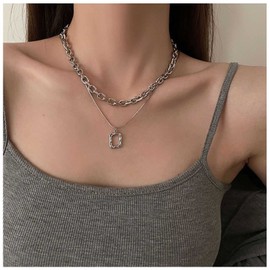 Erimberate Bohemian Layered Choker Necklace Textured Square Pendant Necklace Sliver Raised Square Necklace Paperclip Chain Necklace Geometric Carved Rectangle Necklace Jewelry for Women and Girls