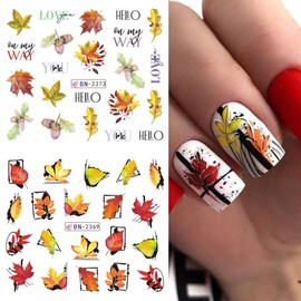 Fall Nail Stickers, Autumn Nail Art Water Decals Transfer Foils Slider Nail Supplies Maple Leaf Turkey Pumpkin Pattern Stickers for Women DIY Design Thanksgiving Day Manicure Decorations 12 Sheets