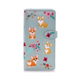 Shag Wear Corgi Dog Pattern Large Wallet for Women and Teen Girls Vegan Faux Leather 7" Mint