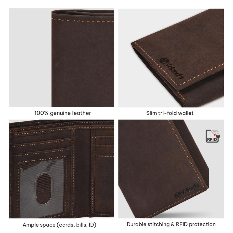 VALENCHI Leather Trifold Wallet For Men - RFID Blocking -
