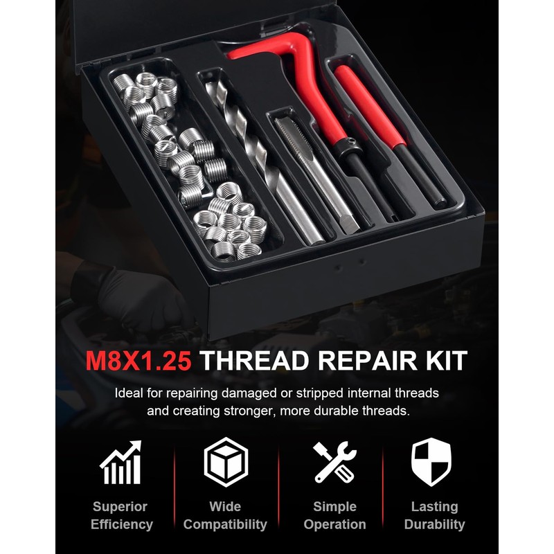 Kolvoii M8×1.25 Helicoil Thread Repair Kit, Metric M8 Helicoil kit