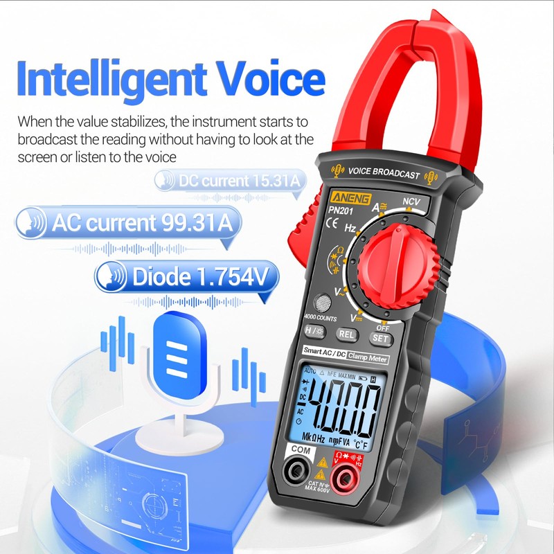 PN201 Voice Meters Digital Clamp Meter Multimeter Tester 4000 Counts