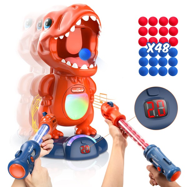 Movable Dinosaur Shooting Toys for Kids Games with 2 Air Pump Gun, Party Toys with Score Record, LED & Sound, 48 Foam Balls Electronic Target Practice Gift for Boys and Girls
