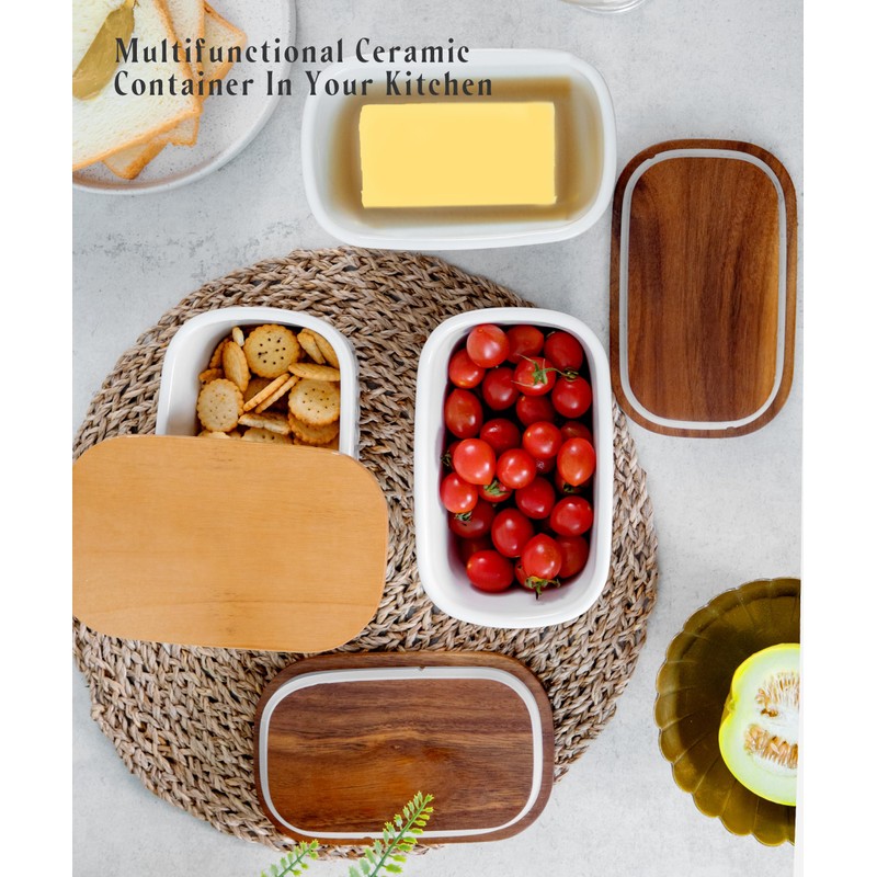 Nucookery Ceramic Butter Dish, Embossed Butter Keeper with Wood Lid