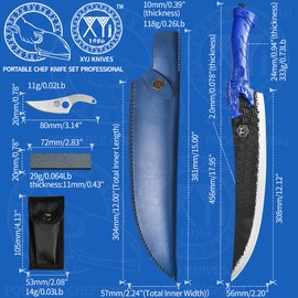 XYJ Portable Chef Knife Set Professional,Since 1986,Curved Boning Knife,Kitchen Fish Fillet Knives With Sheath,Camping Slice Knife,Finger Hole,Full Tang (12 Inch)