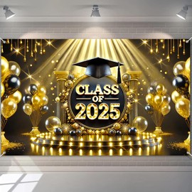 BlissYard Black and Gold Graduation Decorations Class of 2025 Backdrop 71x43 Inch Polyester Banner for High School and College Graduation Party Supplies and Photo Booth