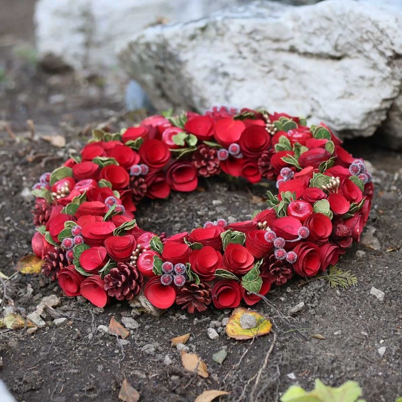 18" Red Poppy Wreath Wooden Artificial Christmas Winter Memorial Grave