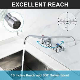 Favorpo Wall Mount Faucet 8 Inch Center Wall-Mount Commercial Sink Faucet 10 Inches Swing Spout Wall Mounted Kitchen Faucets Dual Handles Faucets for Laundry Room Restaurant