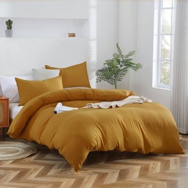 BOURINA Washed Microfiber Double Bedding Set Soft Breathable Quilt Cover with Zipper Closure and Matching Pillowcases Modern Almond Design