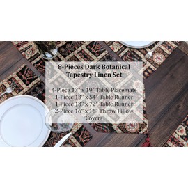 DaDa Bedding Dark Botanical Fleur Dining Table Tapestry Bundle - Set of 8 Pieces Mughal Floral Ornate Colorful Black Cotton Linen Decor - 4 Placemats, 2 Table Runners, 2 Throw Pillow Covers (18197)