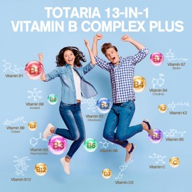 13-in-1 Vitamin B Complex Plus with Vitamin B1, B2, B3 (Niacinamide), B4, B5, B6, B7 (Biotin), B8 (Inositol), B9 (Folate), B12, C, D3, K2 - Energy, Nerve, Immune, Skin Support - 120 Vegan Capsules