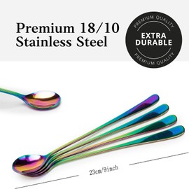 Long-handled ice tea spoon, cocktail stir spoons, stainless steel coffee spoons, Colored ice cream scoop (9 IN iridescence, Round)