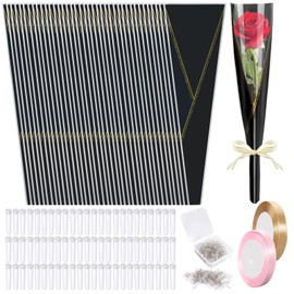 602 Pcs Flower Wrapping Kit for Wedding 250 Single Floral Sleeves 250 Water Tubes 100 Bouquet Pins 2 Ribbon Single Flower Wrapping Paper Bouquet Bags for Birthday Flower Gifts Decor Supplies(Pink)