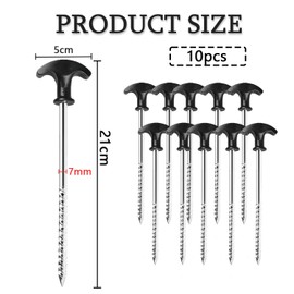 KEELYY 10 x Tent Pegs Made of Steel, Robust and Stable Pegs with Thread, Camping Pegs with T-Handle, Screw Pegs, Long Pegs, 21 cm, for Camping and Outdoor Use