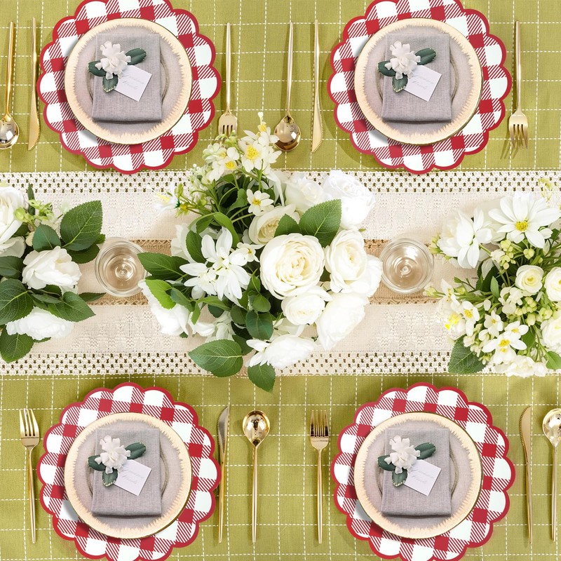 60Pcs Red Checkered Paper Placemats 13.5 Inch Scalloped Round Disposable