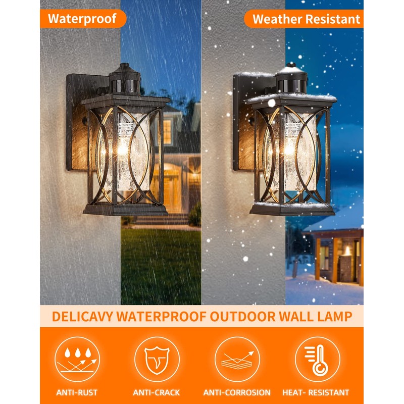 Delicavy Motion Sensor Outdoor Wall Light with Dimmable Bulb, Modern