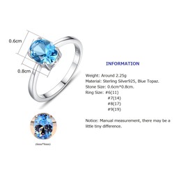 Bellitia Jewelry Blue Topaz Oval Cut Engagement Ring in 925 Stering Silver, Natural Gemstone Birthstone Lovely Anniversary, Birthday, Valentine’s Day Present, Size 7