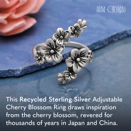 NINA DESIGNS Recycled Sterling Silver Cherry Blossoms Ring - Adjustable Floral Ring Celebrating Beauty, Renewal, and Love in Nature-Inspired Design.