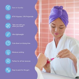 Turbie Twist Toalla de microfibra para el cabello para mujeres y hombres Paquete de 2 Accesorios esenciales para el baño Turbante de secado rápido para cabello rizado, largo y grueso (morado oscuro, morado claro)