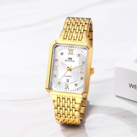 JewelryWe Rectangular Quartz Analogue Watches: Men Gold Quartz Analogue Square Tank Wristwatch Elegant Stainless Steel Dress Cuff Watches