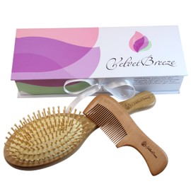 VelvetBreeze - Natural Bamboo Hair Brush with Wooden Bristles and Peach Wood Comb Set - For Women's All Types of Hair - Improve Your Hair Growth - Massage Scalp For Strong Hair