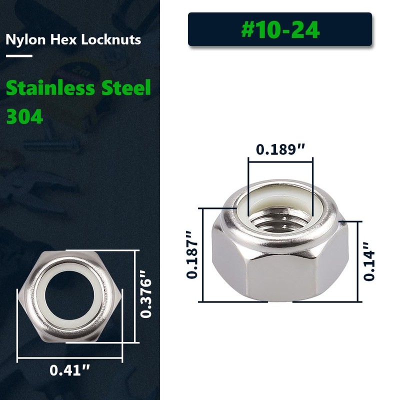 #10-24 inch Nylon Insert Hex Lock Nuts (50 Pack), 304